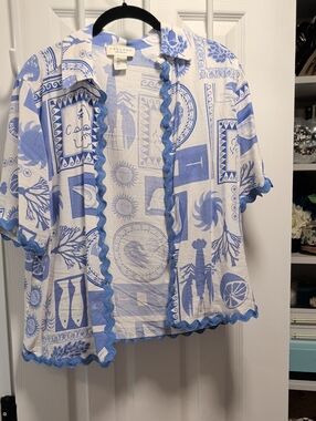 Calypso St. Barth Blue & White Printed Ruffle-Trim Top